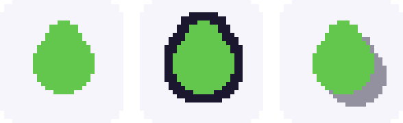 A shape shown plain, outlined, and with a drop shadow