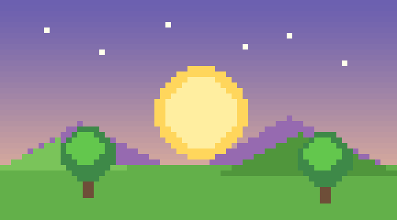 A pixel-art sunset scene made in Blit