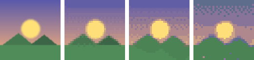The same photo pixelised at 48, 16, and 6 colours