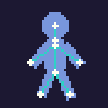 A character with a bone skeleton overlaid